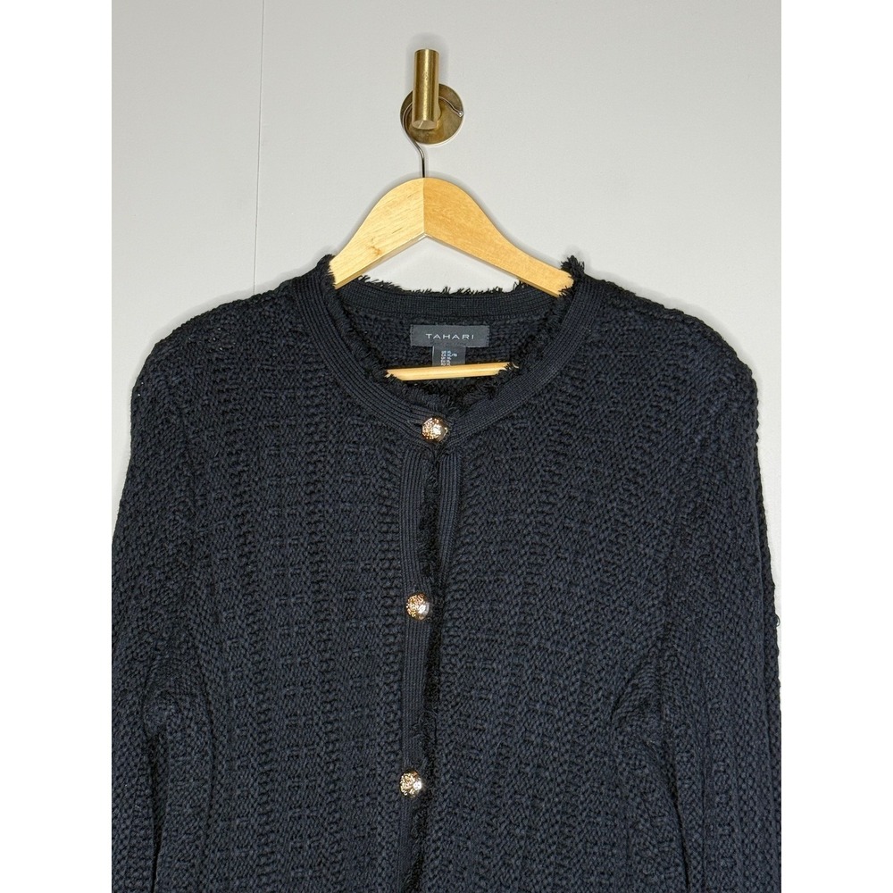 TTahari Black Textured Knit Cardigan Jacket Gold Crest Buttons Preppy - Picture 4 of 9
